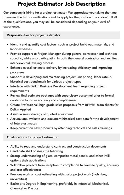 sheet metal estimator job description